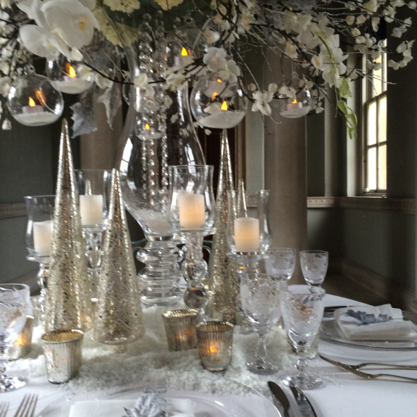 crystals and glass urn with hanging lights